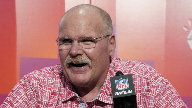 Feb 6, 2023; Phoenix, AZ, USA; Kansas City Chiefs head coach Andy Reid speaks with media during Super Bowl Opening Night at Footprint Center. Mandatory Credit: Kirby Lee-USA TODAY Sports